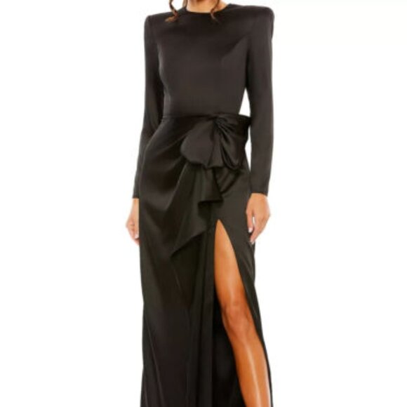 Mac Duggal Black Satin Bow Long Sleeve Column Gown